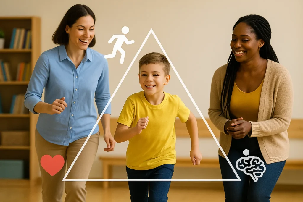 The 3A’s of Learning shown in action with a teacher, parent, and child engaged in movement, symbolising Atmosphere, Attitude, and Action.