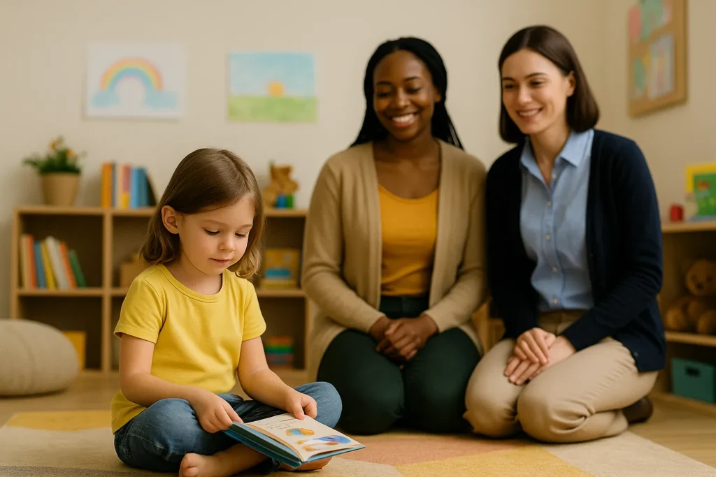 Child reading independently with teacher and parent observing in a calm, supportive learning environment — representing the 3A’s of Learning atmosphere.