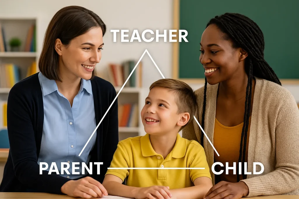 Illustration of the 3A’s of Learning showing a triangle between a parent, teacher, and child representing Atmosphere, Action, and Attitude in holistic education.