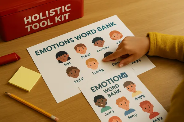 Emotions Word Bank printable sheets with diverse illustrated faces showing different feelings