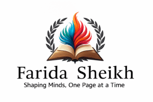 Farida Sheikh logo – educational author brand with colourful feather and open book
