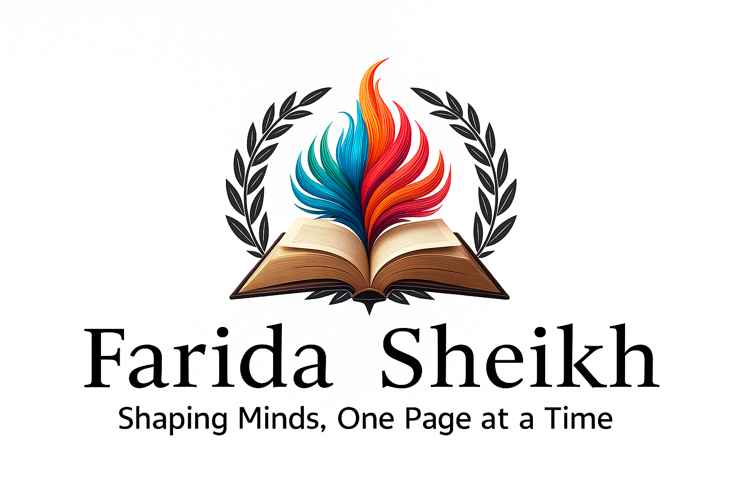 Farida Sheikh logo – educational author brand with colourful feather and open book