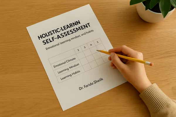 Person filling in holistic learning self-assessment form by Dr. Farida Sheikh on a wooden desk with a pencil and plant