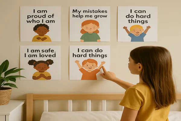 A young girl pointing at a positive affirmation poster that says "I can do hard things" displayed on a bedroom wall with other motivational messages.