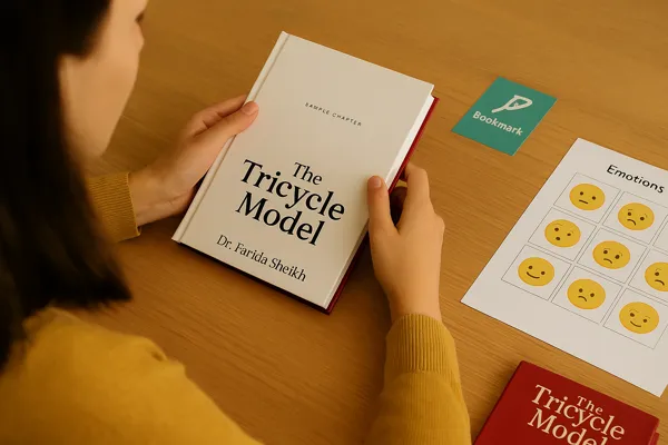 Person reading the Tricycle Model sample chapter with holistic learning tools on desk
