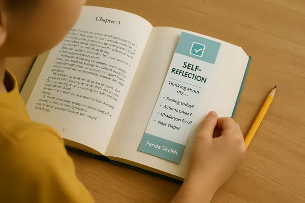 Child holding an open book with a Self-Reflection bookmark by Farida Sheikh