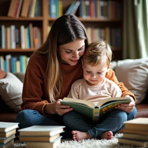 Mother reading to toddler in a book-filled living room, fostering a literacy rich home.