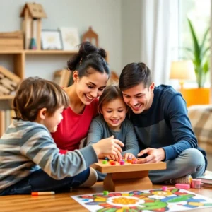 Parents and children engaged in early childhood play activities that support learning at home