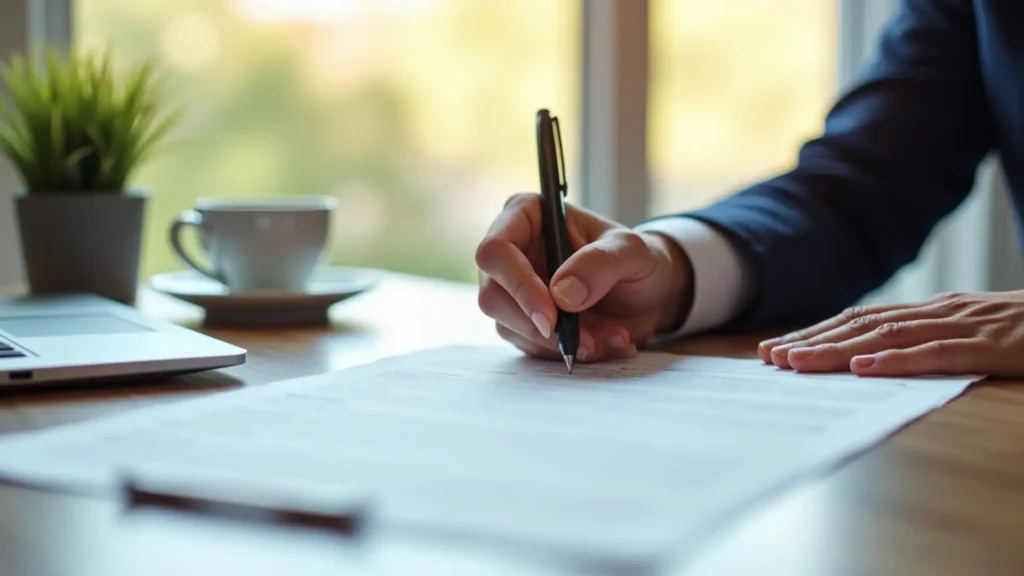 Terms of service education represented by a man signing a contract, illustrating legal clarity and transparency on FaridaSheikh.com