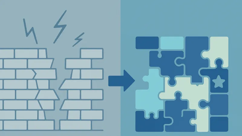 Illustration showing a cracked, fragmented wall transforming into interlocking puzzle pieces to represent integrated learning in the Wall of Knowledge framework.