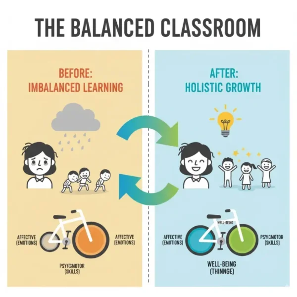 Balanced classroom showing before imbalanced learning and after holistic growth