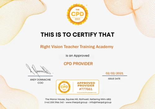 CPD accredited training certificate for Right Vision Teacher Training Academy