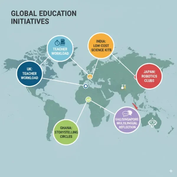 Global education initiatives map highlighting UK, India, Japan, Ghana, UAE