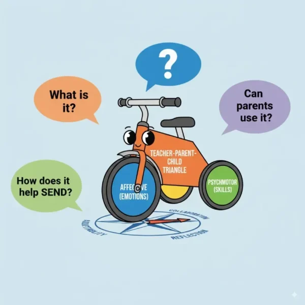 Cartoon tricycle FAQ showing questions on SEND and parent use